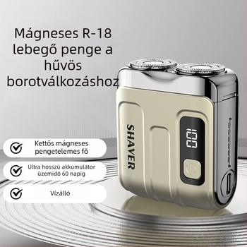 Mini hordozható elektromos borotva lebegő vágófejjel és forgó kétélű fejjel (beépített 300–500 mAh akkumulátor, 60 perc működési idő, brushless motor)