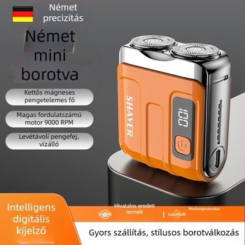 Mini hordozható elektromos borotva lebegő vágófejjel és forgó kétélű fejjel (beépített 300–500 mAh akkumulátor, 60 perc működési idő, brushless motor)