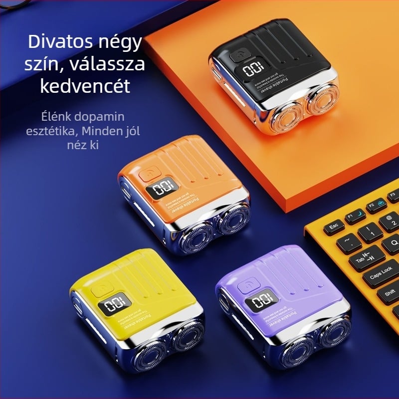 Mini hordozható elektromos borotva lebegő vágófejjel és forgó kétélű fejjel (beépített 300–500 mAh akkumulátor, 60 perc működési idő, brushless motor)