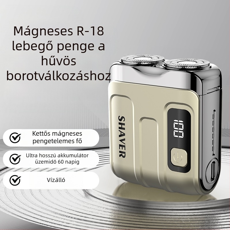 Mini hordozható elektromos borotva lebegő vágófejjel és forgó kétélű fejjel (beépített 300–500 mAh akkumulátor, 60 perc működési idő, brushless motor)