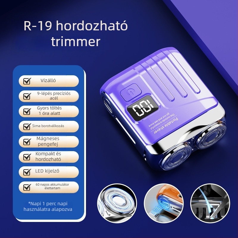 Mini hordozható elektromos borotva lebegő vágófejjel és forgó kétélű fejjel (beépített 300–500 mAh akkumulátor, 60 perc működési idő, brushless motor)