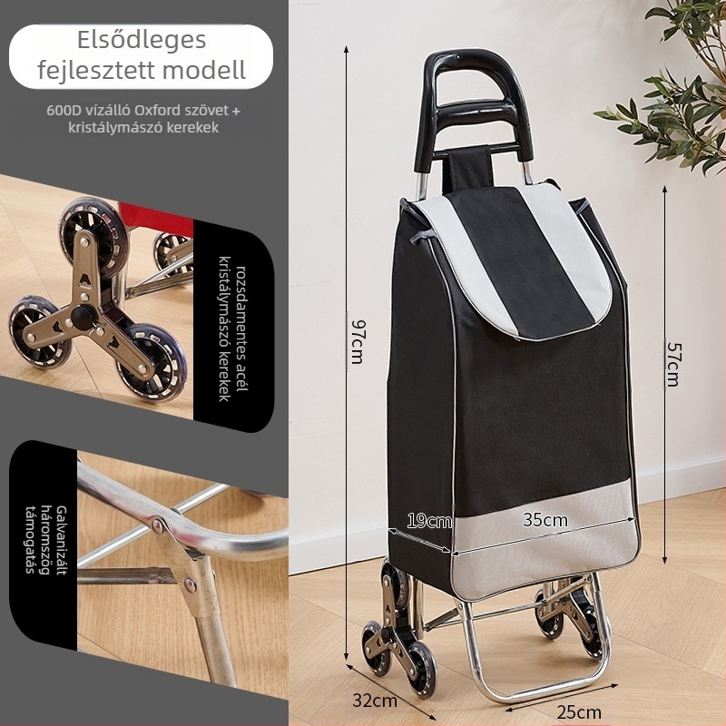 Önálló háztartási bevásárlókocsi, összecsukható váz, galvanizált cső + 600D Oxford szövet, teherbírás 15 kg, húzórúdos bevásárló kocsi, származás: Hebei, Kína