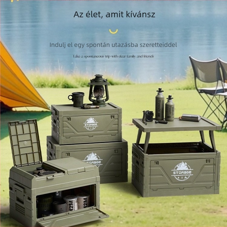 Összecsukható autócsomagtartó rendezőasztallal, PP műanyagból, kerekekkel, 40–50 liter kapacitás