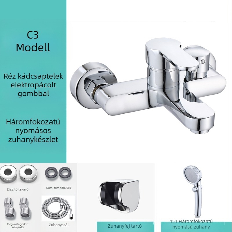 Fürdőszobai háromcsapos keverőcsaptelep oldalsó nyitással, rézötvözet test, kerámia korongos szelep, modell 8889, falra szerelhető