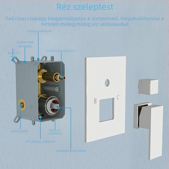 Rejtett falba épített zuhanykészlet, réz anyagból, négyzetes forma, modell FH-47, masszázs és eső funkciók