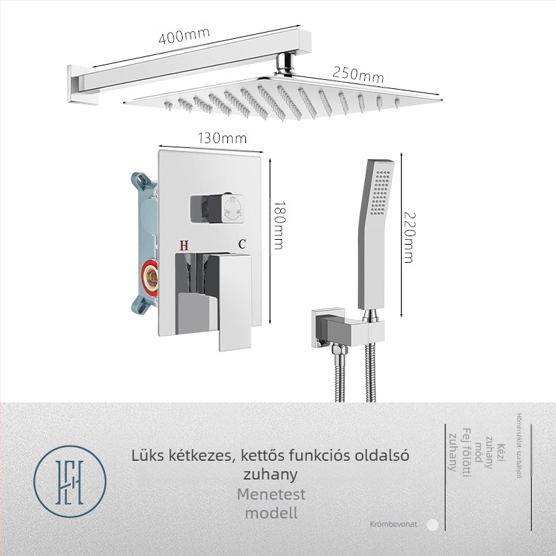 Rejtett falba épített zuhanykészlet, réz anyagból, négyzetes forma, modell FH-47, masszázs és eső funkciók