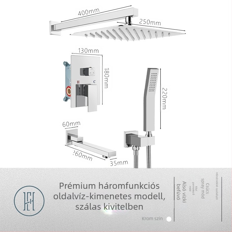Rejtett falba épített zuhanykészlet, réz anyagból, négyzetes forma, modell FH-47, masszázs és eső funkciók