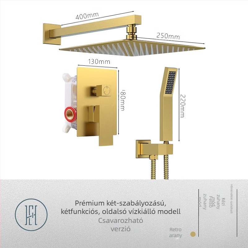 Rejtett falba épített zuhanykészlet, réz anyagból, négyzetes forma, modell FH-47, masszázs és eső funkciók