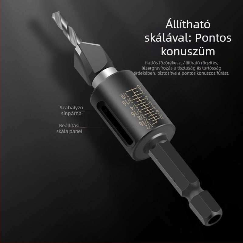 Négyélű kúpos fúró, ötvözet fej, állítható mélység, lépcsőzetes furás