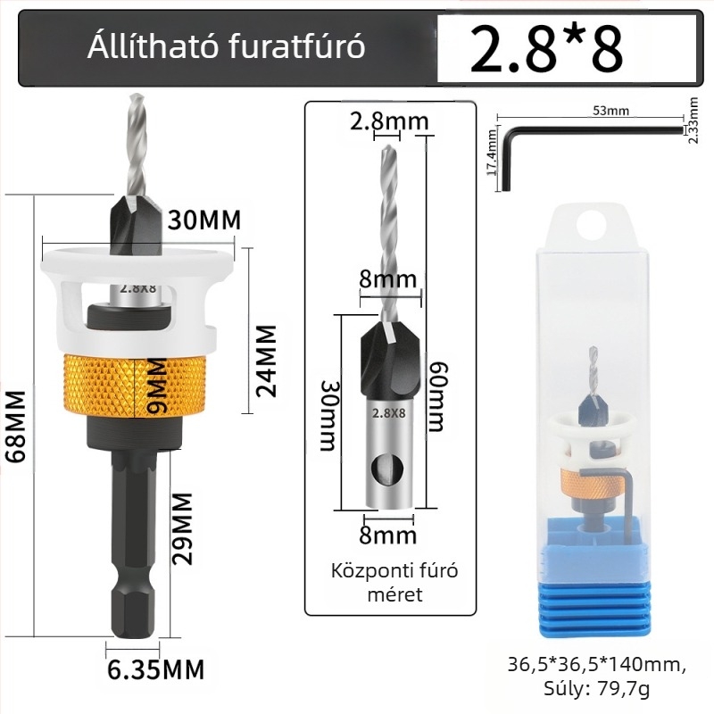 Négyélű kúpos fúró, ötvözet fej, állítható mélység, lépcsőzetes furás