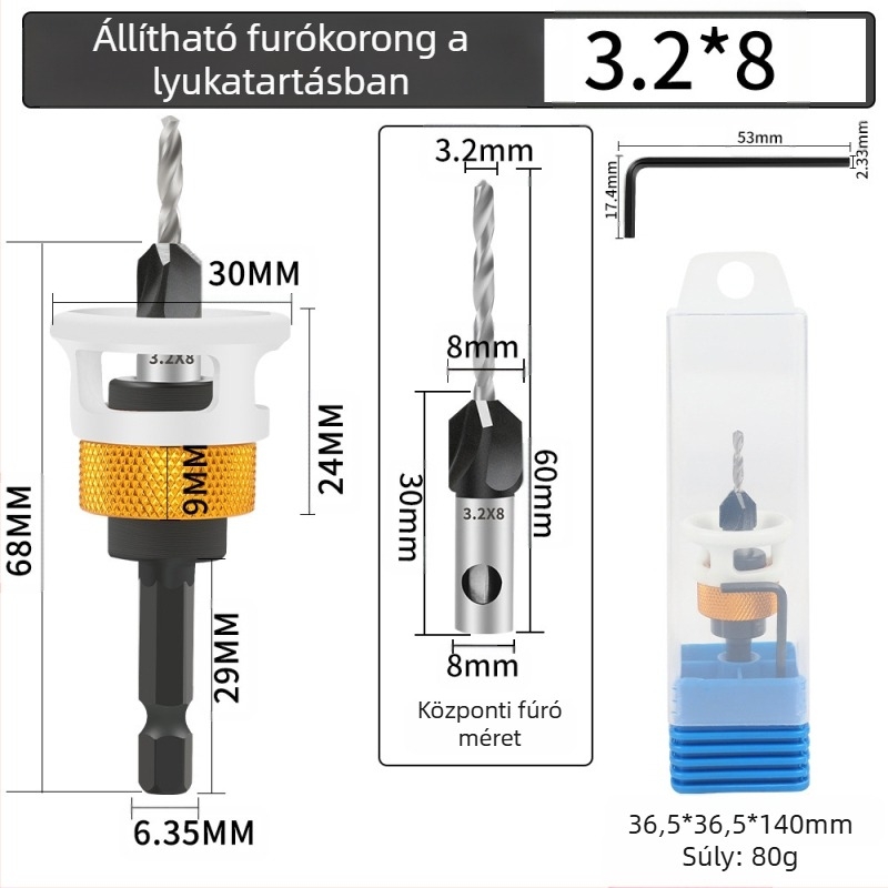 Négyélű kúpos fúró, ötvözet fej, állítható mélység, lépcsőzetes furás