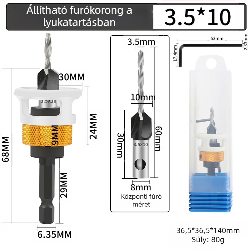Négyélű kúpos fúró, ötvözet fej, állítható mélység, lépcsőzetes furás