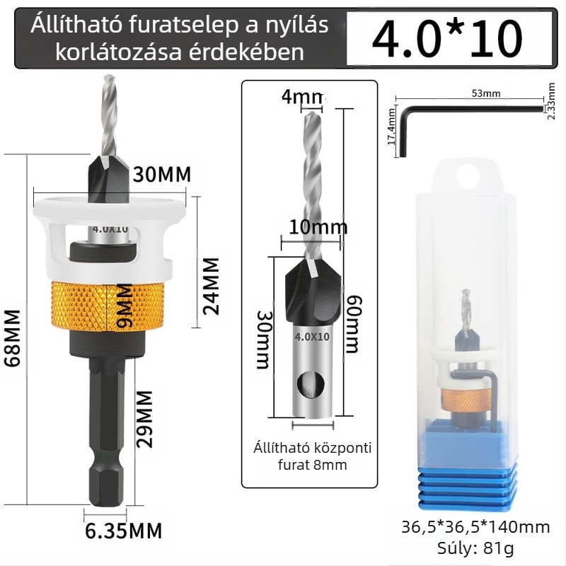 Négyélű kúpos fúró, ötvözet fej, állítható mélység, lépcsőzetes furás