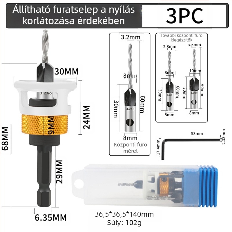 Négyélű kúpos fúró, ötvözet fej, állítható mélység, lépcsőzetes furás