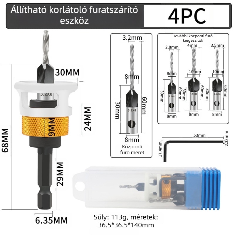 Négyélű kúpos fúró, ötvözet fej, állítható mélység, lépcsőzetes furás