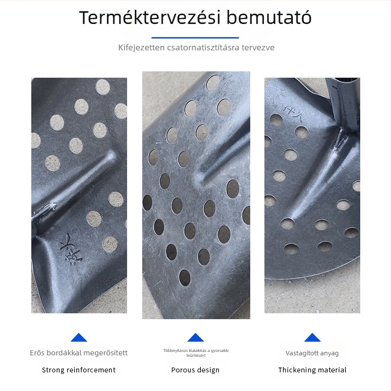 Csatornatisztító ásó vas fejjel, 90 fokos könyökszerű kialakítással – ideális csatornák és árok tisztításához