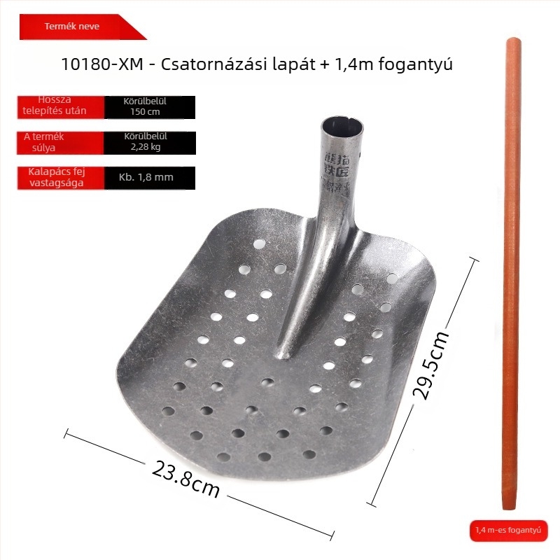 Csatornatisztító ásó vas fejjel, 90 fokos könyökszerű kialakítással – ideális csatornák és árok tisztításához