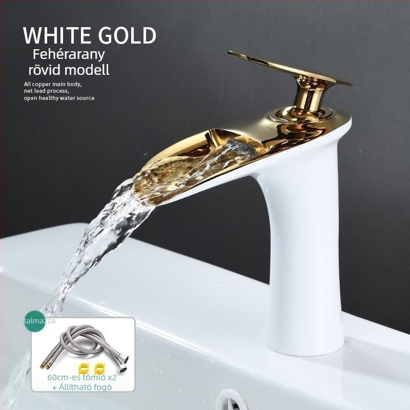 Réz anyagú meleg–hideg mosdócsaptelep, egylyukú telepítés, kerámiás szelepmag, elektroplatinált felület