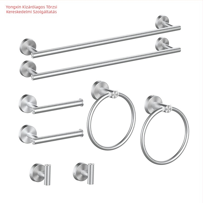 304 rozsdamentes acél fürdőszobai törölközőtartó készlet, falra szerelhető: törölközőrúddal, papírtartóval, törölközőgyűrűvel és horogokkal; modern minimalist stílus; hat darabos vagy nagyobb készlet