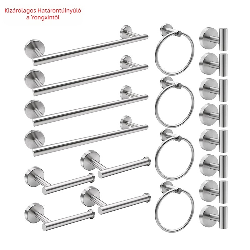 304 rozsdamentes acél fürdőszobai törölközőtartó készlet, falra szerelhető: törölközőrúddal, papírtartóval, törölközőgyűrűvel és horogokkal; modern minimalist stílus; hat darabos vagy nagyobb készlet