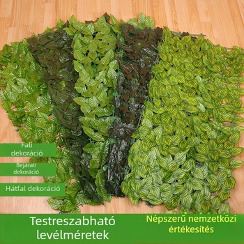 Kültéri használatra tervezett műanyag és poliészter növényzet kerítéshez – reliefes kivitel; típus: kerítés szimulált levelei; fajták: pothos, borostyán, rattan; alkalmas kültéri terekre, fotózásra és otthoni dekorációhoz.
