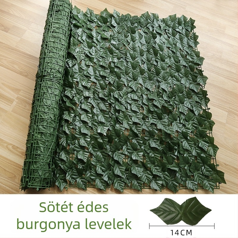 Kültéri használatra tervezett műanyag és poliészter növényzet kerítéshez – reliefes kivitel; típus: kerítés szimulált levelei; fajták: pothos, borostyán, rattan; alkalmas kültéri terekre, fotózásra és otthoni dekorációhoz.