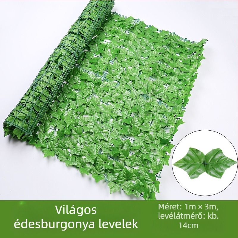 Kültéri használatra tervezett műanyag és poliészter növényzet kerítéshez – reliefes kivitel; típus: kerítés szimulált levelei; fajták: pothos, borostyán, rattan; alkalmas kültéri terekre, fotózásra és otthoni dekorációhoz.