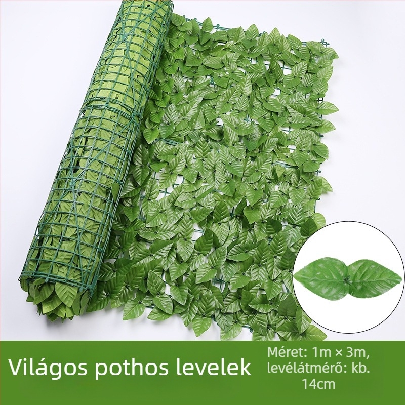 Kültéri használatra tervezett műanyag és poliészter növényzet kerítéshez – reliefes kivitel; típus: kerítés szimulált levelei; fajták: pothos, borostyán, rattan; alkalmas kültéri terekre, fotózásra és otthoni dekorációhoz.