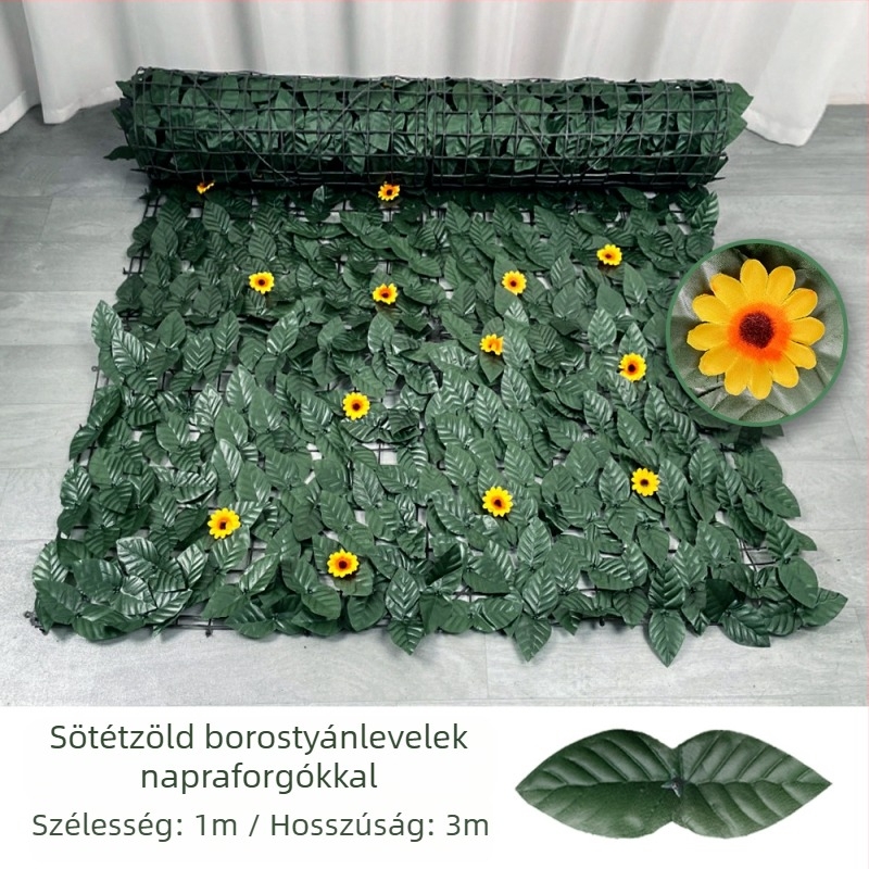 Kültéri használatra tervezett műanyag és poliészter növényzet kerítéshez – reliefes kivitel; típus: kerítés szimulált levelei; fajták: pothos, borostyán, rattan; alkalmas kültéri terekre, fotózásra és otthoni dekorációhoz.