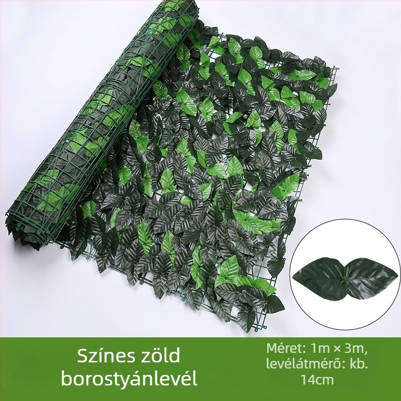 Kültéri használatra tervezett műanyag és poliészter növényzet kerítéshez – reliefes kivitel; típus: kerítés szimulált levelei; fajták: pothos, borostyán, rattan; alkalmas kültéri terekre, fotózásra és otthoni dekorációhoz.
