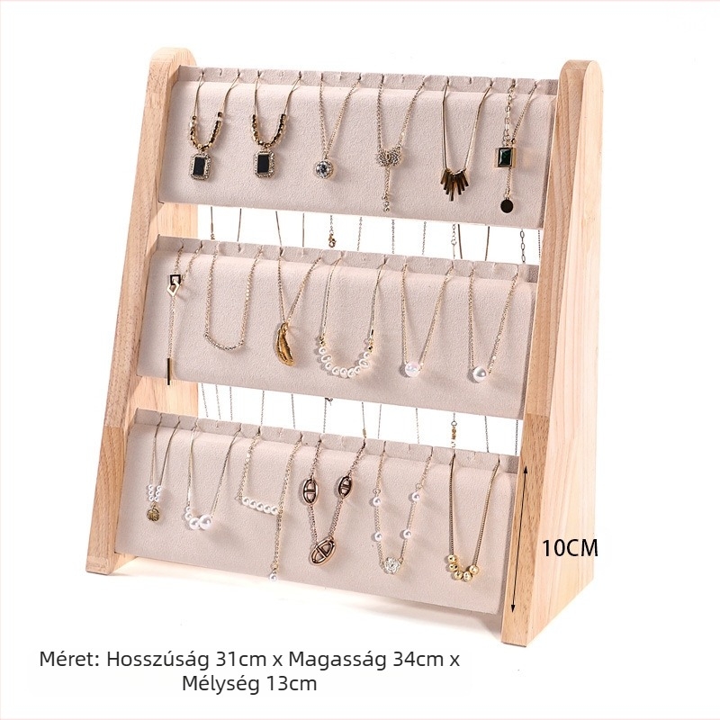 Egyrészes nyaklánctartó állvány tömör fából, ferde trapéz alakú, vertikális háromszintes ékszerállvány