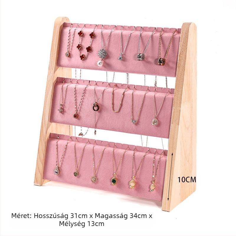 Egyrészes nyaklánctartó állvány tömör fából, ferde trapéz alakú, vertikális háromszintes ékszerállvány