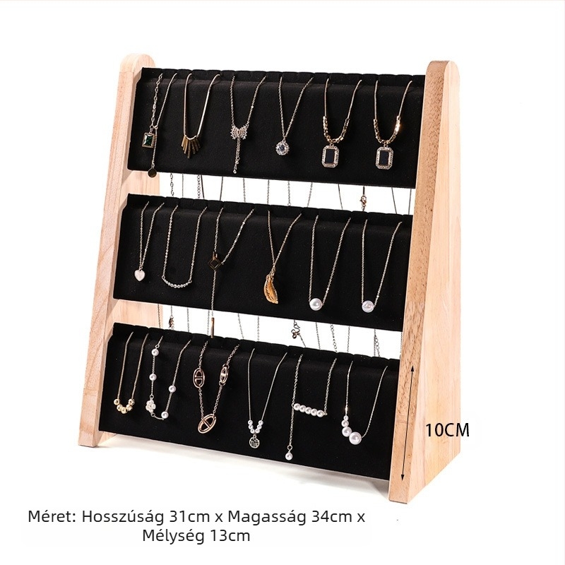 Egyrészes nyaklánctartó állvány tömör fából, ferde trapéz alakú, vertikális háromszintes ékszerállvány