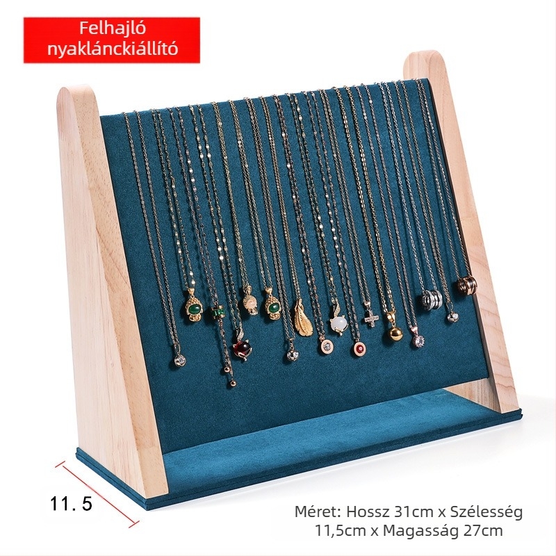 Egyrészes nyaklánctartó állvány tömör fából, ferde trapéz alakú, vertikális háromszintes ékszerállvány