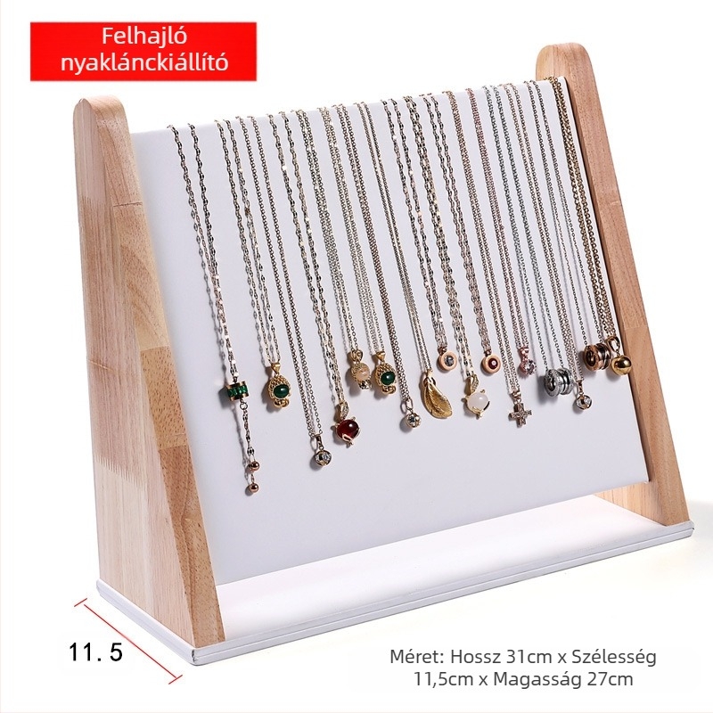 Egyrészes nyaklánctartó állvány tömör fából, ferde trapéz alakú, vertikális háromszintes ékszerállvány