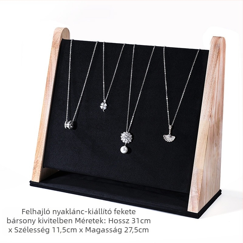 Egyrészes nyaklánctartó állvány tömör fából, ferde trapéz alakú, vertikális háromszintes ékszerállvány