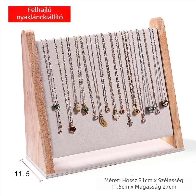 Egyrészes nyaklánctartó állvány tömör fából, ferde trapéz alakú, vertikális háromszintes ékszerállvány
