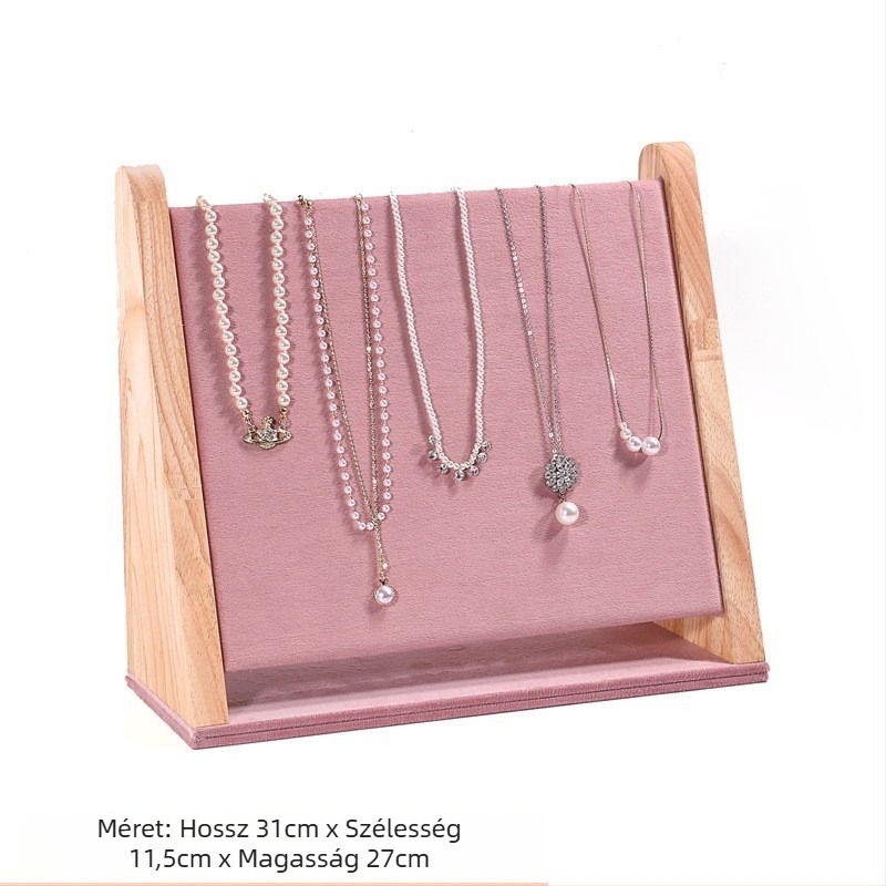 Egyrészes nyaklánctartó állvány tömör fából, ferde trapéz alakú, vertikális háromszintes ékszerállvány