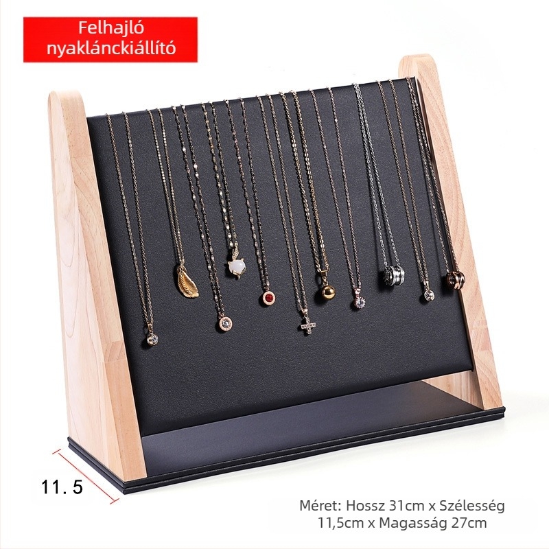 Egyrészes nyaklánctartó állvány tömör fából, ferde trapéz alakú, vertikális háromszintes ékszerállvány