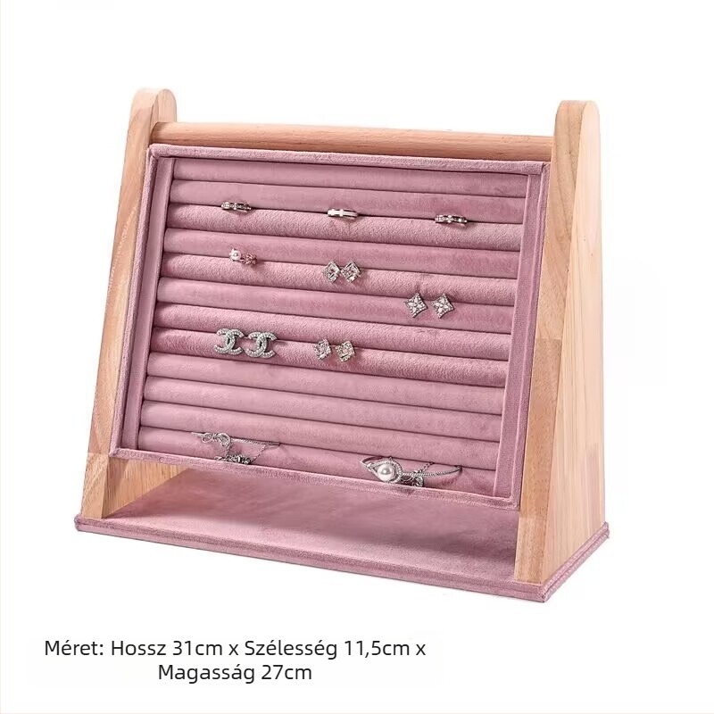 Egyrészes nyaklánctartó állvány tömör fából, ferde trapéz alakú, vertikális háromszintes ékszerállvány