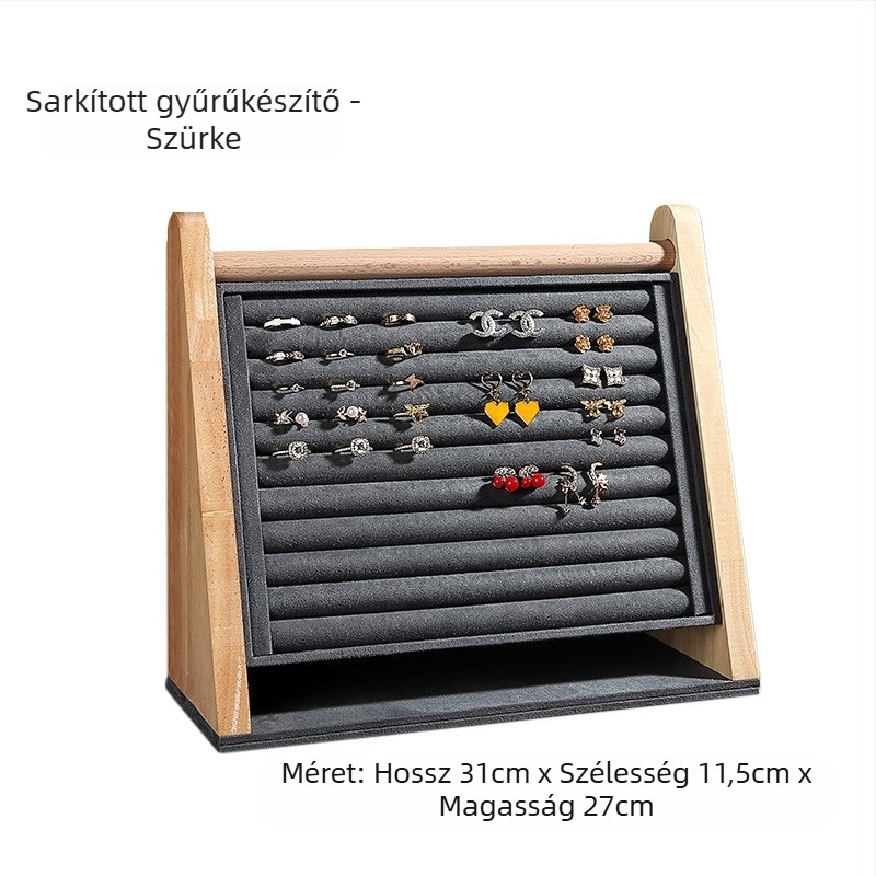 Egyrészes nyaklánctartó állvány tömör fából, ferde trapéz alakú, vertikális háromszintes ékszerállvány