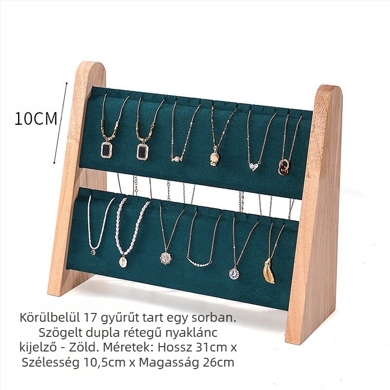Egyrészes nyaklánctartó állvány tömör fából, ferde trapéz alakú, vertikális háromszintes ékszerállvány