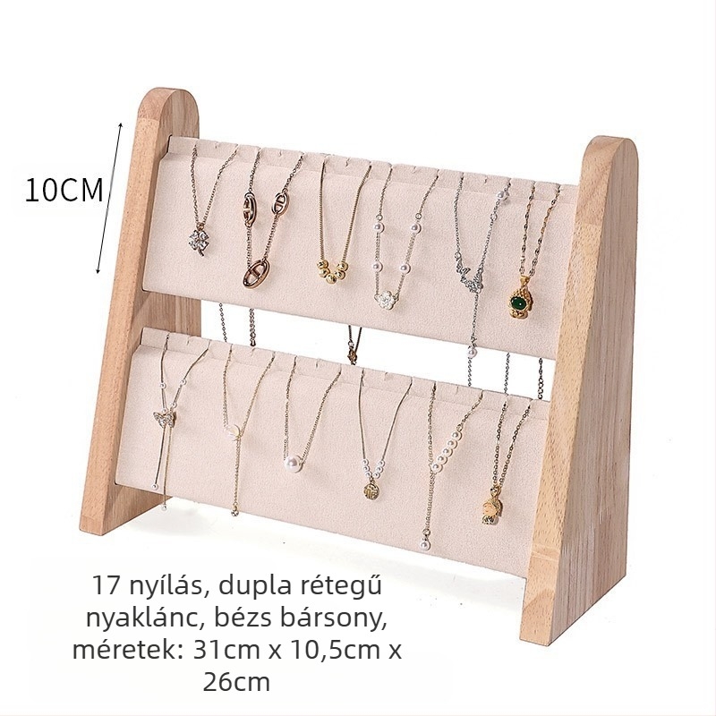 Egyrészes nyaklánctartó állvány tömör fából, ferde trapéz alakú, vertikális háromszintes ékszerállvány