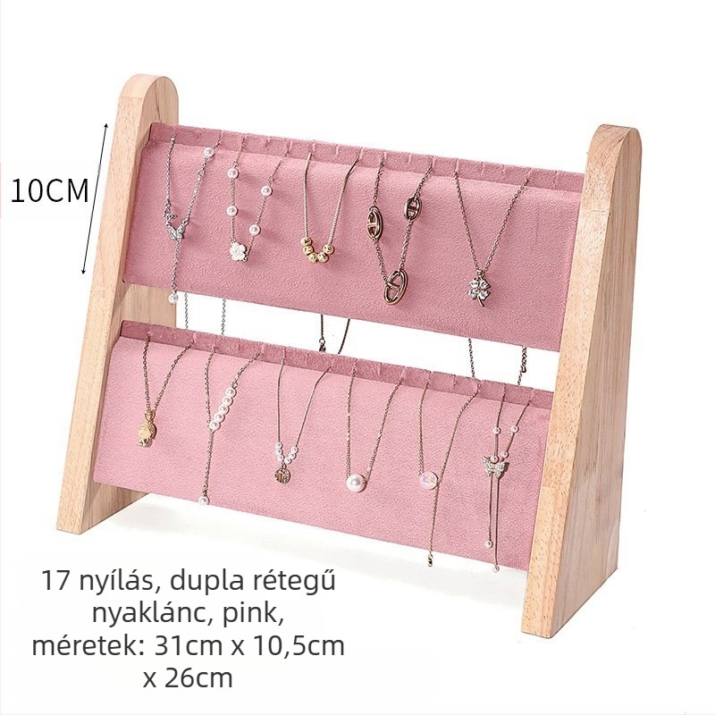 Egyrészes nyaklánctartó állvány tömör fából, ferde trapéz alakú, vertikális háromszintes ékszerállvány