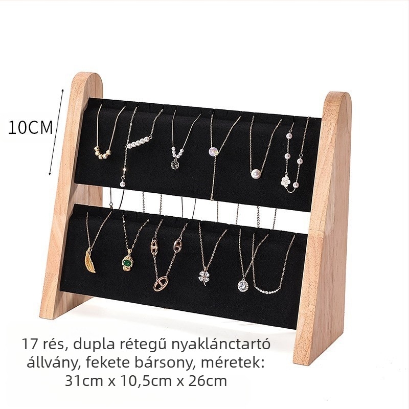 Egyrészes nyaklánctartó állvány tömör fából, ferde trapéz alakú, vertikális háromszintes ékszerállvány