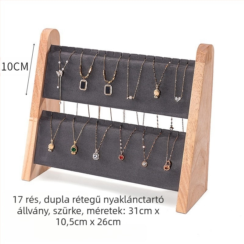 Egyrészes nyaklánctartó állvány tömör fából, ferde trapéz alakú, vertikális háromszintes ékszerállvány
