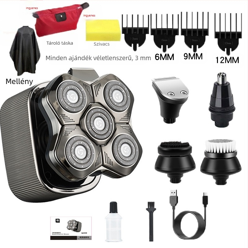 Férfi elektromos borotva úszó vágófejjel, beépített 500–800 mAh akkumulátorral, 60 perc+ üzemidő, szénkefe nélküli motor, töltés és hálózati használat