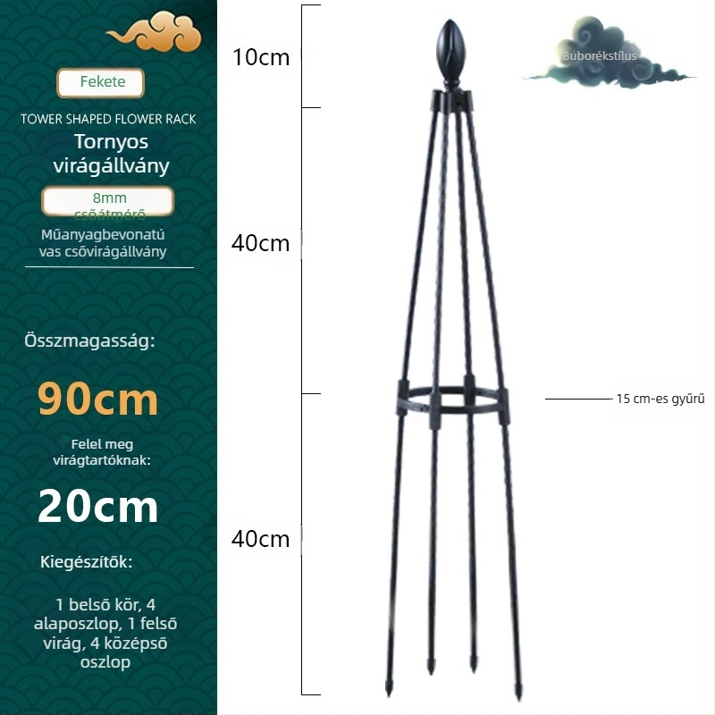 Torony típusú kültéri virágtartó műanyag bevonatú acélcsővel és gyűrűvel
