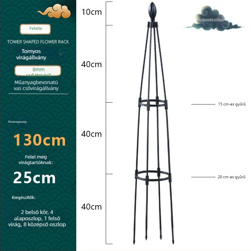 Torony típusú kültéri virágtartó műanyag bevonatú acélcsővel és gyűrűvel
