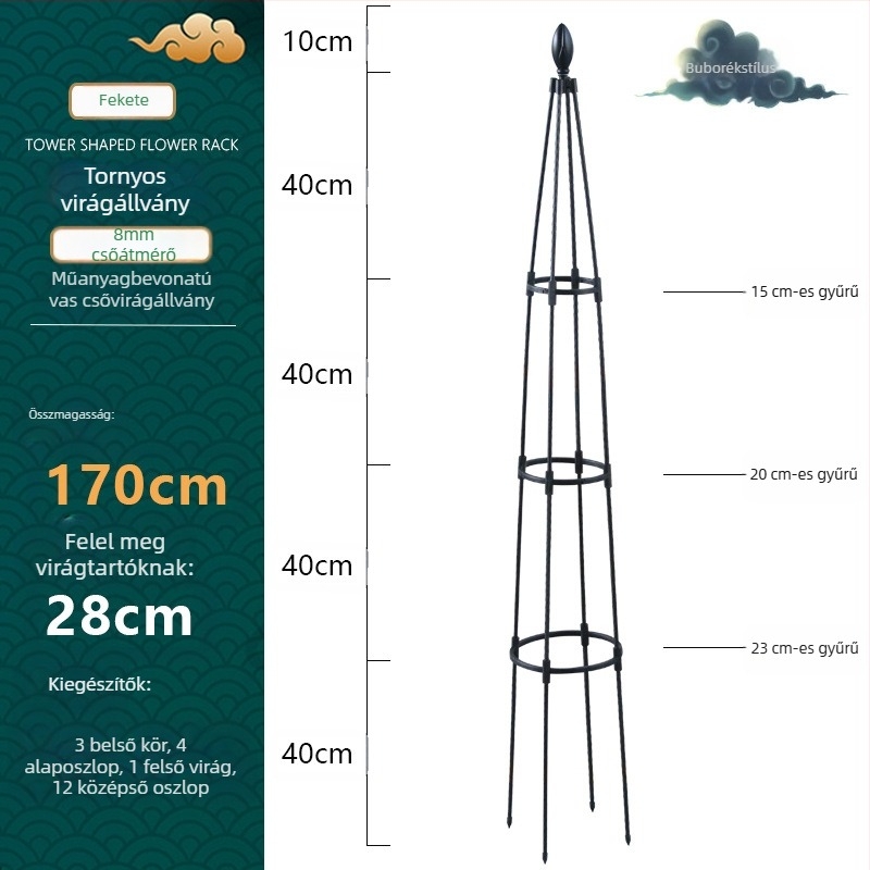 Torony típusú kültéri virágtartó műanyag bevonatú acélcsővel és gyűrűvel